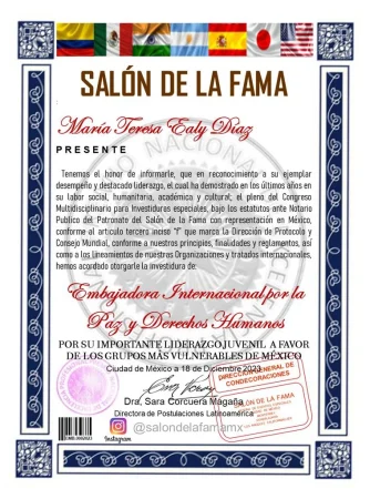 5 Salón de la Fama Salón de la Fama, Embajadora Internacional por la Paz y Derechos Humanos